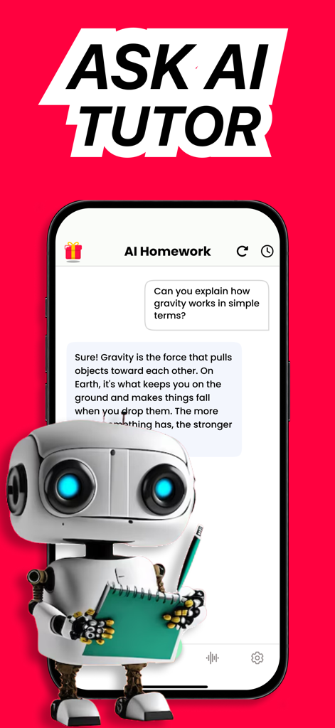 AI宿題ヘルパーアプリのインターフェース、重力の仕組みを説明するAIチューターとのチャットを表示