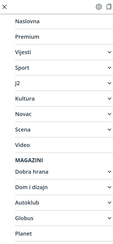 Mobile app navigation menu for Jutarnji list showing news categories in Croatian