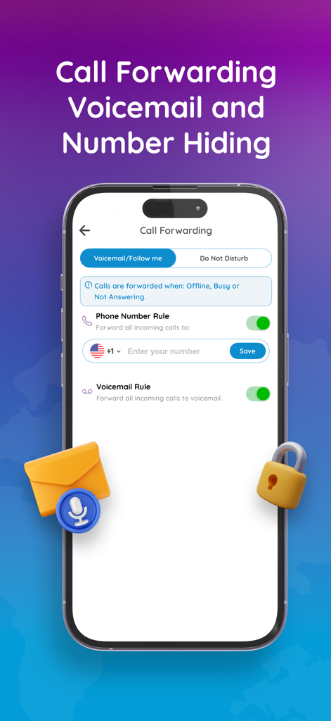 Screenshot of Numero eSIM app showing call forwarding and voicemail settings on an iPhone