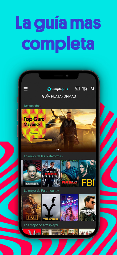 Simpleplus - Interface of the Simpleplus app showing a platform guide with popular movies and series including Top Gun Maverick and Yellowstone.