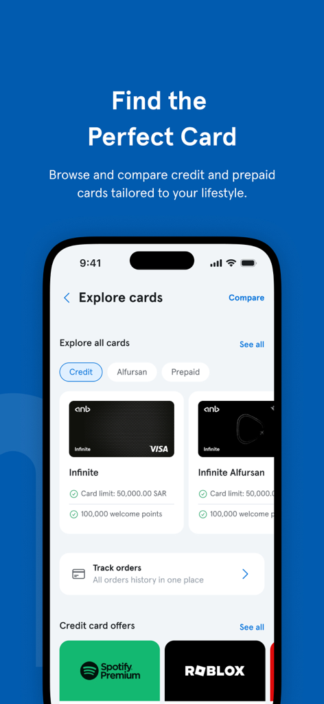 anb - arab national bank - Arab National Bank mobile app interface showing options to browse and compare credit and prepaid cards
