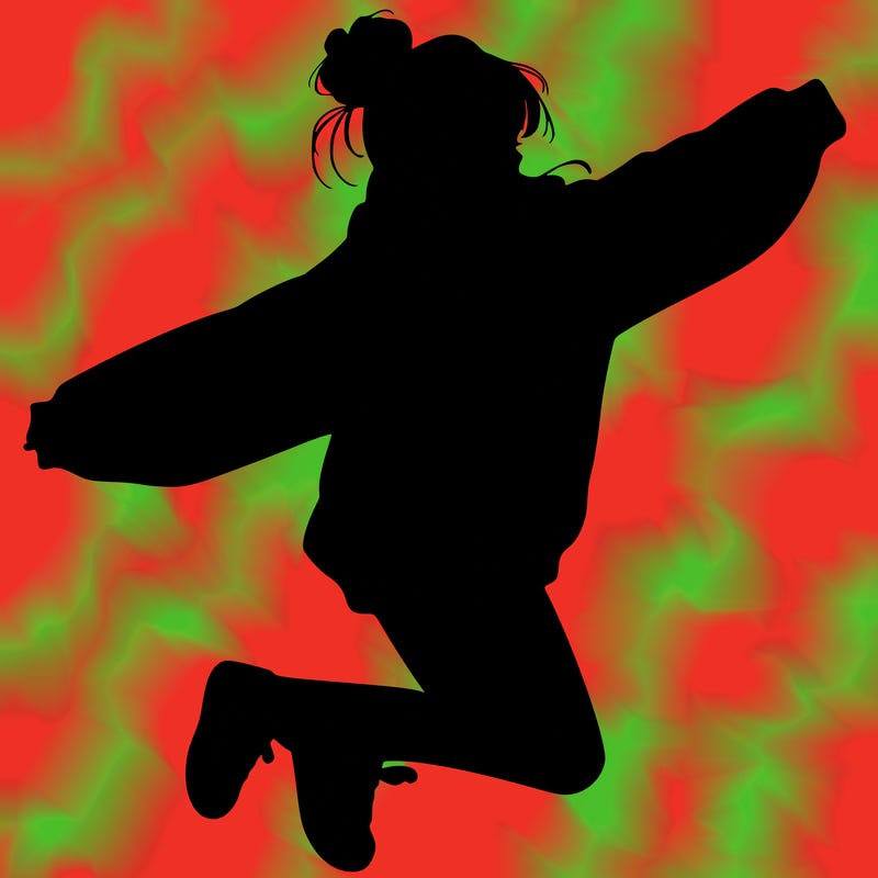 realistic girl jumping with a bun and oversized sweatshirt