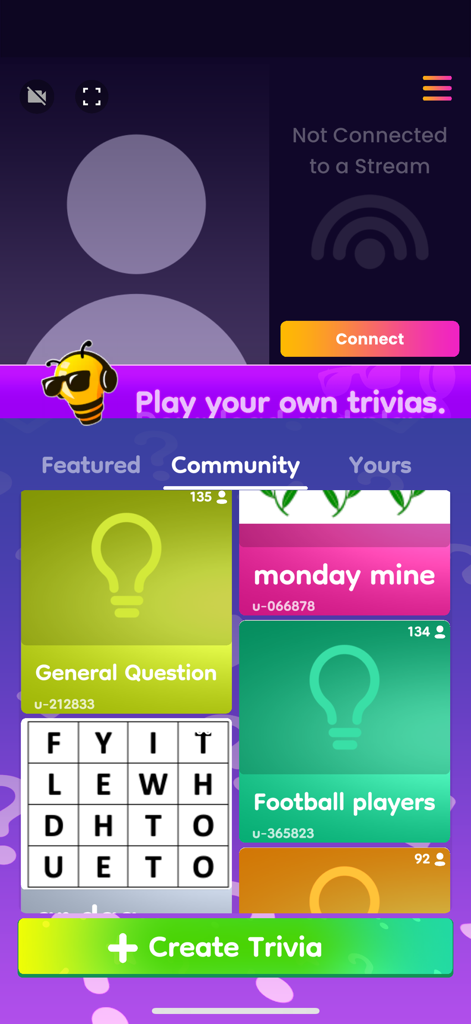 Beemi - Beemi mobile app interface showing community trivia games and a Create Trivia button for interactive live streaming
