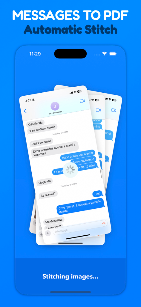 Interface of the Messages and Chat Export PDF app showing multiple chat screenshots being automatically stitched together