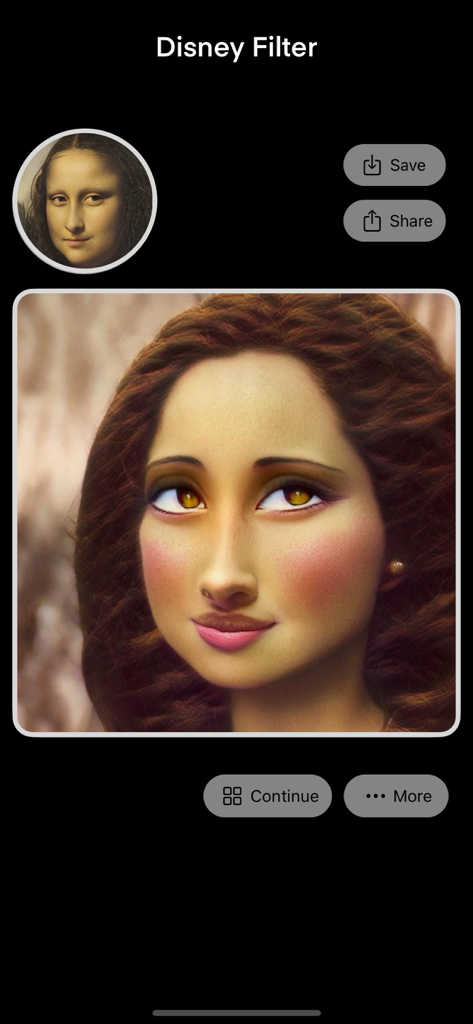 AI Face Magic - Your Bald Head - AI Disney style cartoon filter applied to the Mona Lisa in the app interface