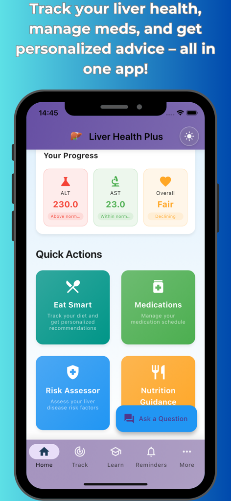Liver health plus - Home screen of the Liver Health Plus app showing ALT and AST tracking along with quick actions for diet and medications.