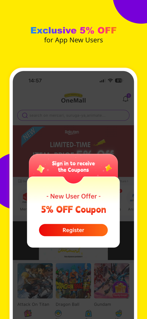 OneMall app interface displaying a 5% off coupon for new users.