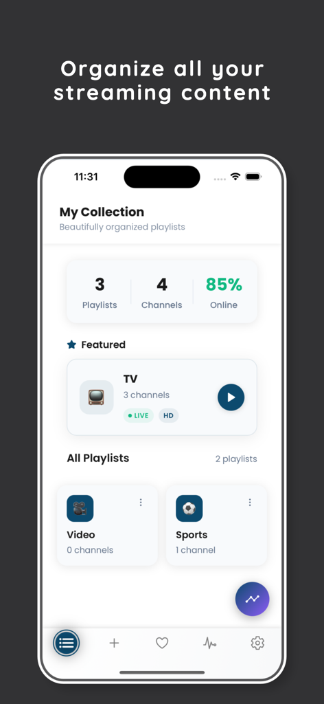 Darato Player - Dashboard of Darato Player showing organized IPTV playlists for TV and sports with real-time connection status