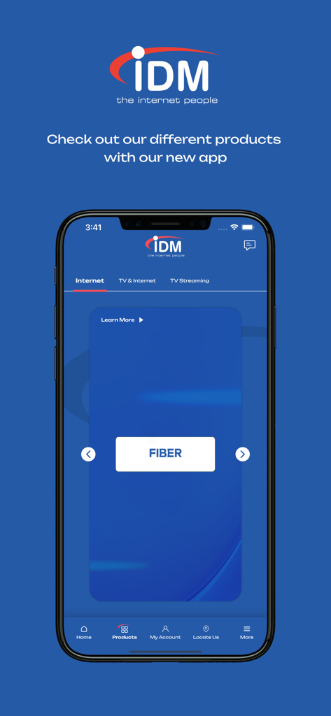 Pantalla de la aplicación móvil IDM Lebanon que muestra las opciones del servicio de internet de fibra.