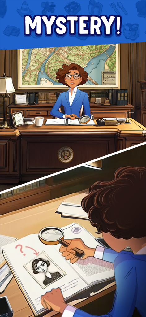 Le personnage Olivia enquêtant sur un mystère avec une loupe dans Merge Mayor.