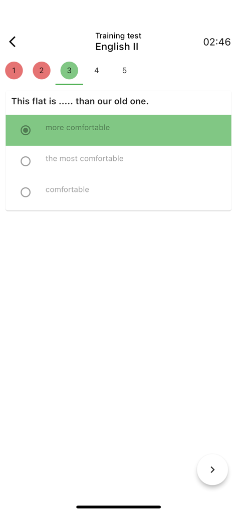 Assyst – testing and exams - A mobile interface of the Assyst app showing a multiple choice English language grammar test with a selected answer and a countdown timer
