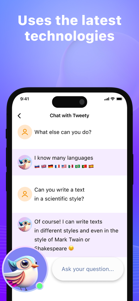 Tweety: AI Content Writer Tool - Una pantalla móvil que muestra una interfaz de chat con el asistente de IA de Tweety, demostrando sus capacidades multilingües y varios estilos de escritura.