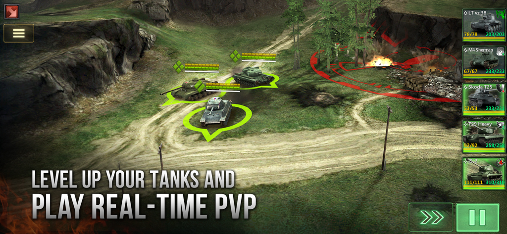 Real-time tactical tank battle in Armor Age showing a squad of historical combat vehicles on a green battlefield.