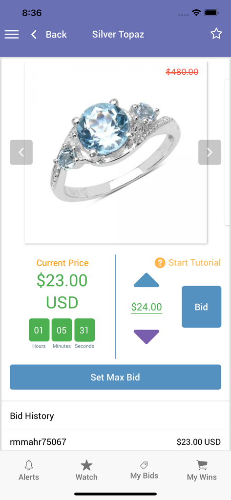 Eine mobile App-Oberfläche, die einen Silbertopasring zur Auktion zeigt, mit einem aktuellen Gebot von dreiundzwanzig Dollar und einem Countdown-Timer