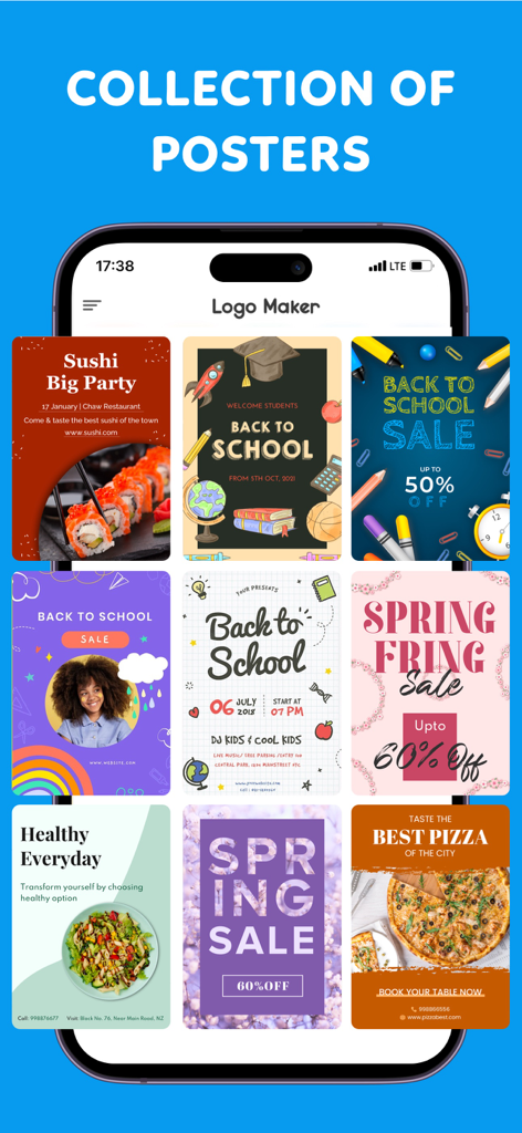 Logo Maker : Flyer Maker - A variety of professional poster and flyer templates for businesses like restaurants and schools displayed in the app interface.