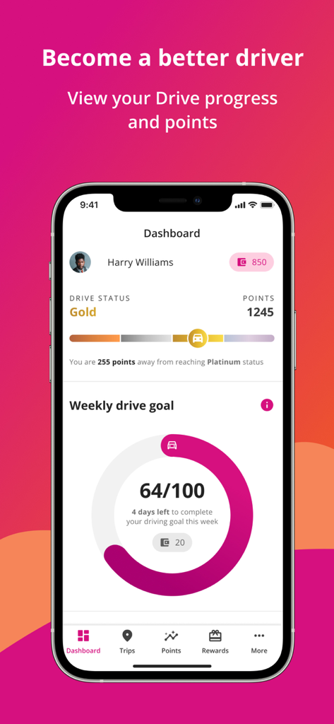 Painel da aplicação Vitality Drive a mostrar o estado da condução e o progresso em direção à meta de pontos semanais