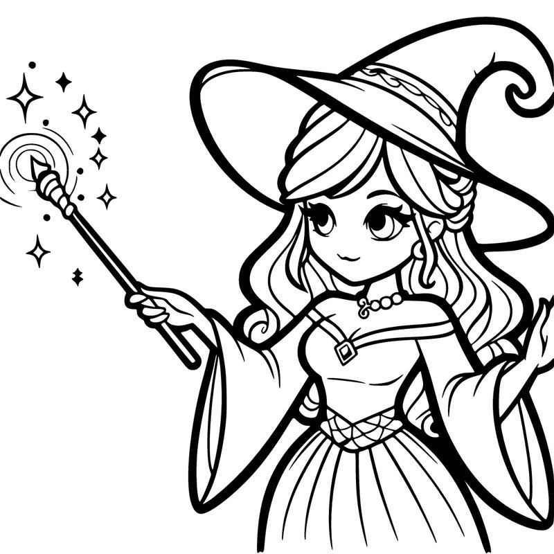 a sorceress with a wand about to cast a spell