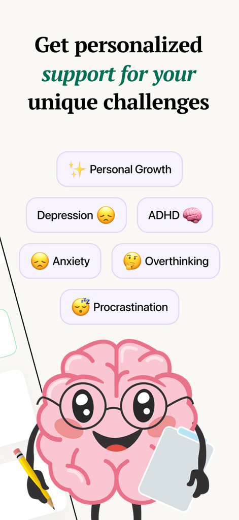 MindBuddy: Mood Journal & CBT - MindBuddy app screen showing personalized support categories for ADHD anxiety and depression with a brain mascot.