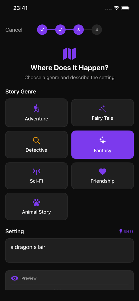 User interface of Little Story Maker app for choosing story genre and describing the setting in a dark mode theme.