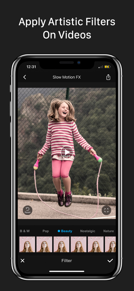 Slow Motion Video Fx Editor - A mobile phone screen displaying artistic filters in the Slow Motion Video Fx Editor app for social media content creation.