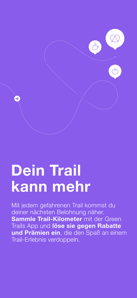 Green Trails - Bildschirm der Green Trails App, der das Belohnungssystem zum Sammeln von Trail-Kilometern und deren Einlösung gegen Rabatte hervorhebt