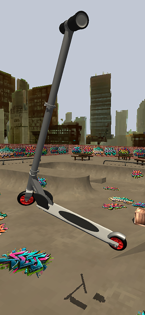 A 3D pro scooter in an urban skatepark with graffiti and a city backdrop.