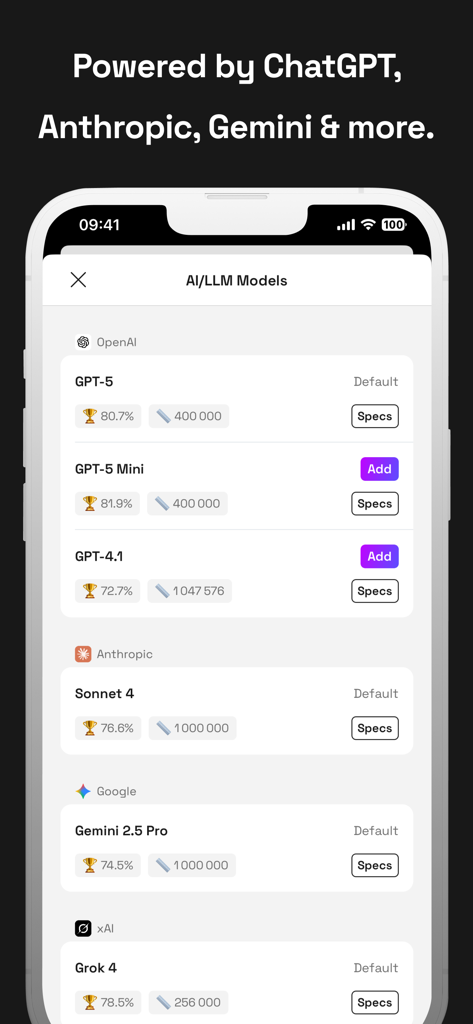 Apollo: Multi-Model AI Chat - A list of various AI models like ChatGPT Claude and Gemini available in the Apollo app interface