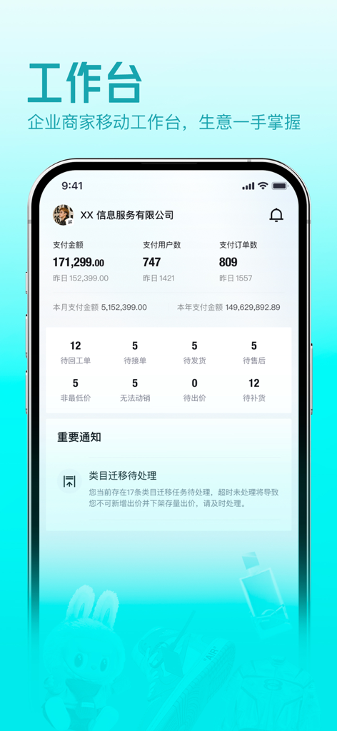 The Poizon Merchant app dashboard displaying daily sales totals, user metrics, and pending business tasks