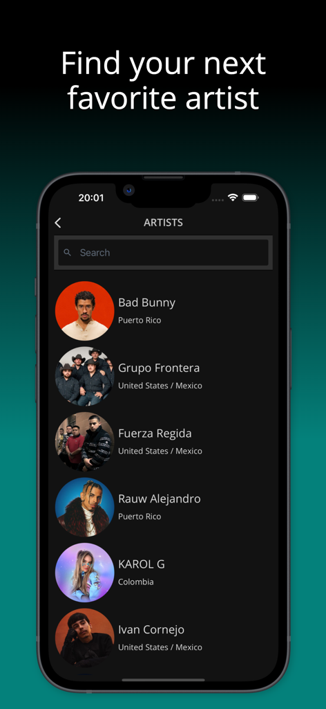 LyricFluent: Learn Languages - Screenshot of the LyricFluent app artist list showing popular Latin singers like Bad Bunny and Karol G