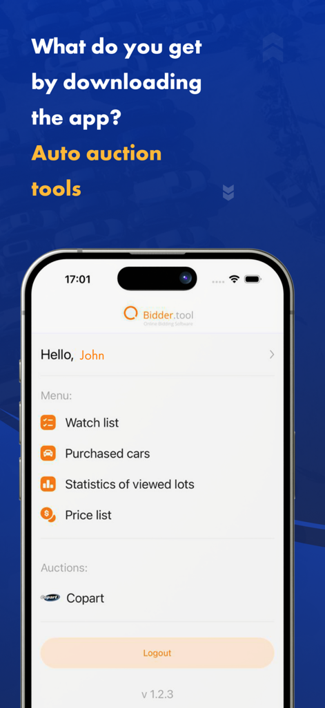 Menu principal do aplicativo Bidder Tool mostrando opções para lista de observação, carros comprados, estatísticas e listas de preços para leilões de carros.