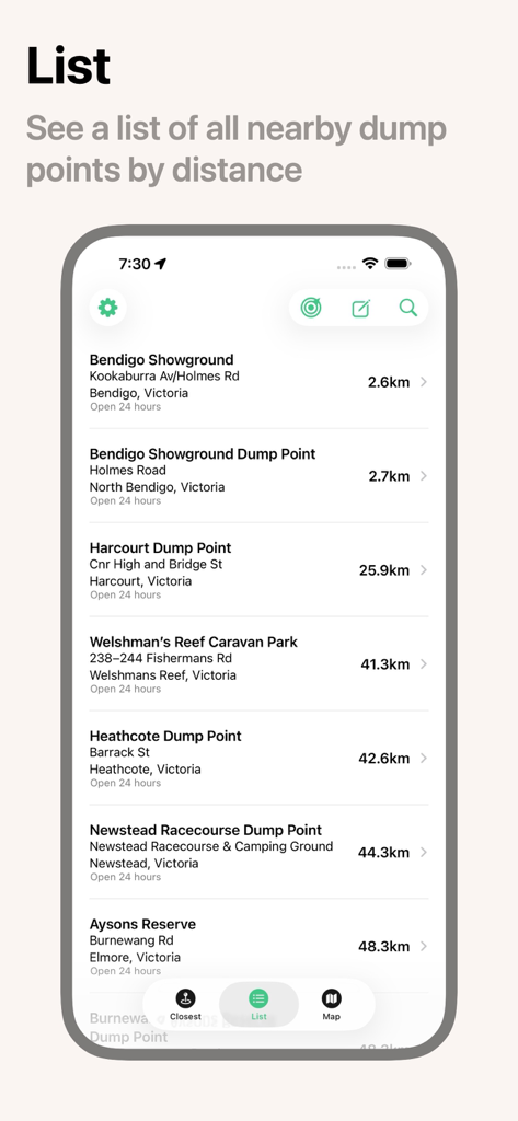 Caravan Helper - A mobile screen showing a list of nearby caravan dump points in Australia sorted by distance with location names and kilometers.