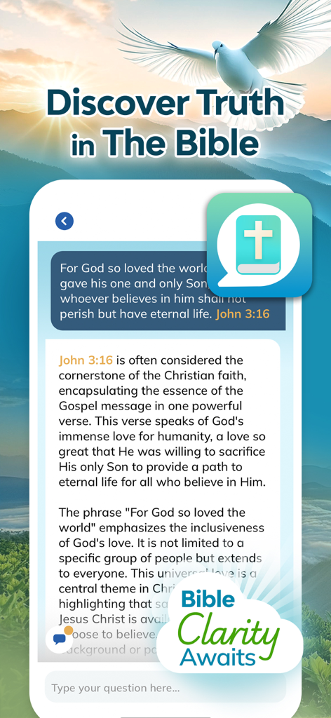 Un'interfaccia di un'app mobile che mostra un versetto biblico e una spiegazione dettagliata con un prompt di chat per lo studio biblico