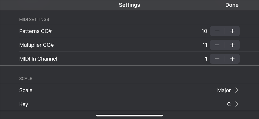 Interface de configurações do Binarhythmic Rhythm Generator mostrando configuração MIDI e opções de escala