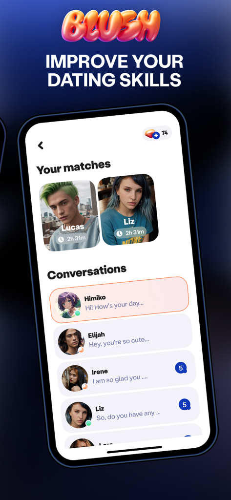 Blush: AI Dating Simulator - Blush app screenshot showing a list of AI matches and chat conversations designed to improve dating skills