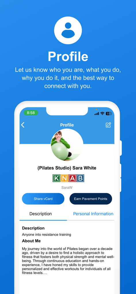 Network In Action - Página de perfil do aplicativo Network In Action exibindo uma biografia profissional e ferramentas de networking