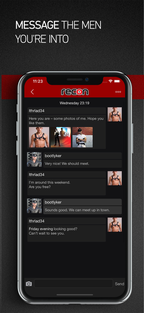 Messaging interface of the Recon app showing men chatting and sharing fetish photos