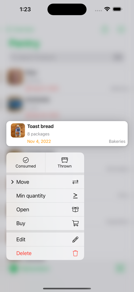 FoodShiner: Pantry Companion - 消費済みまたは廃棄済みオプションでFoodShinerアプリの食品アイテムを管理するためのコンテキストメニュー。