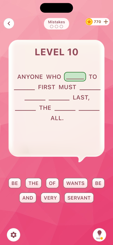 Bible Game - Verses God's Word - Bible verse sentence forming puzzle level ten with pink theme