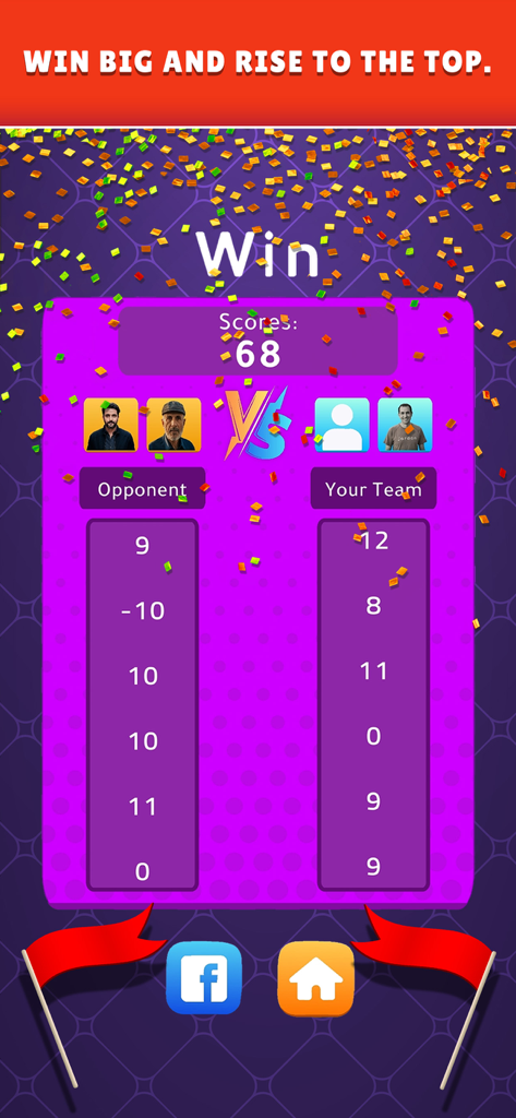 Tarneeb Online - Tarneeb Online winning match scoreboard showing team scores and celebratory confetti.