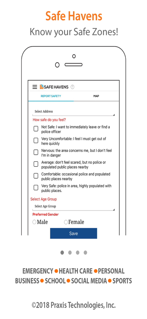 Autumn Alert: Personal Safety - Autumn Alert App-Oberfläche zeigt die Safe Havens-Funktion, mit der Benutzer ihr empfundenes Sicherheitsniveau melden können.