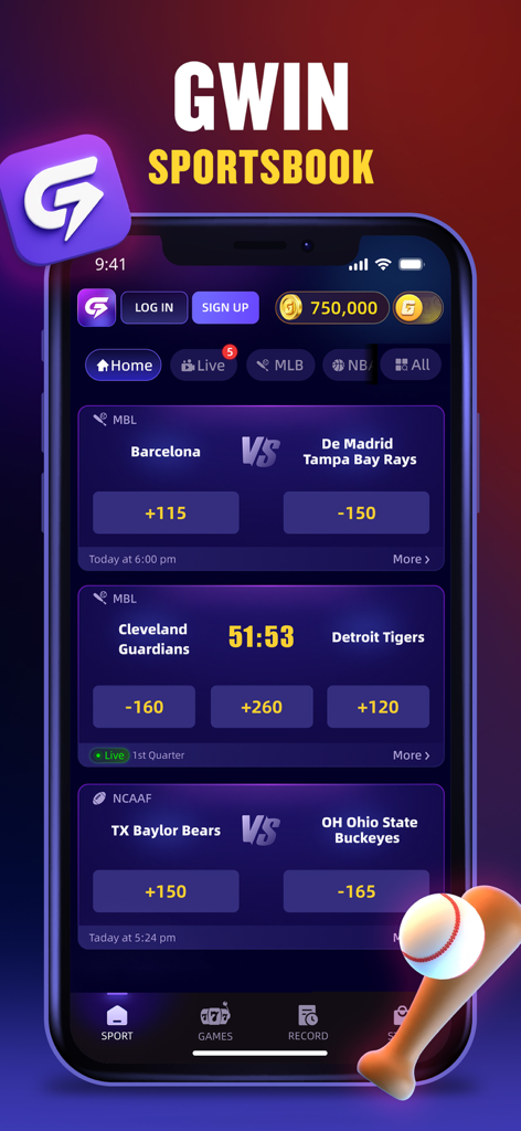 Gwin: Sportsbook For Cash &Fun - Gwin mobile app screen showing sports betting odds and live match scores