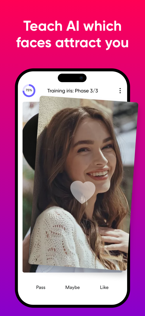 iris Dating- Let AI Find Match - Iris Dating app interface showing AI facial preference training