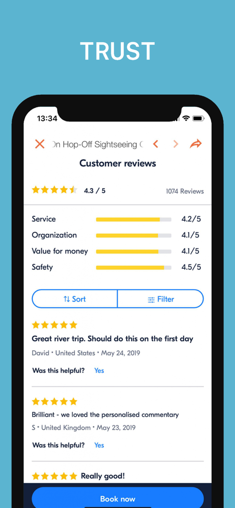 Tate Modern Visitor Guide - Mobile app screen showing customer reviews and ratings for a sightseeing tour in London