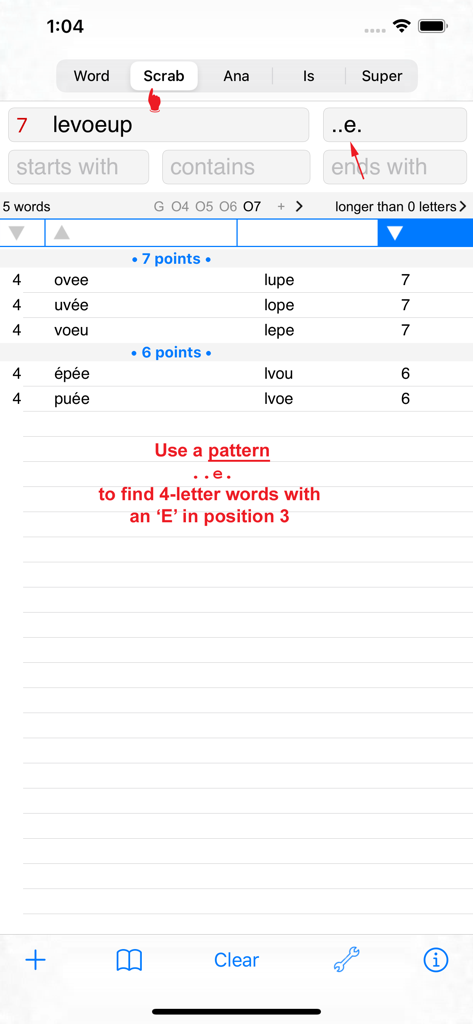 Captura de pantalla de la aplicación F Words Finder French PRO que muestra una búsqueda de patrones de palabras de cuatro letras con puntos para Scrabble.