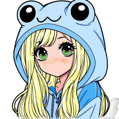 a pretty girl wearing a frog hoodie portrait with long hair