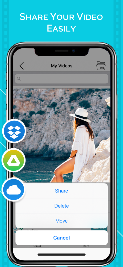 Mobile app interface showing video sharing and management options with cloud storage icons like Dropbox and Google Drive.