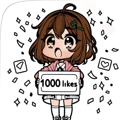 a chibi girl with a shocked expression with a sign that says "1000 likes" with confetti around her
