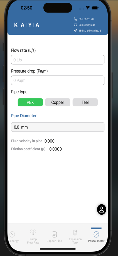 K | A | Y | A - Interface of the Kaya app showing the Pascal meter tool with input fields for flow rate pressure drop and pipe type selection