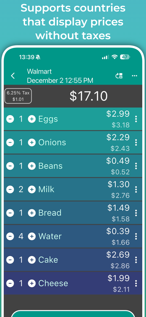 Shopping Calculator. - Interfaz de la aplicación Calculadora de Compras mostrando una lista de compras de comestibles con cálculo automático de impuestos sobre las ventas