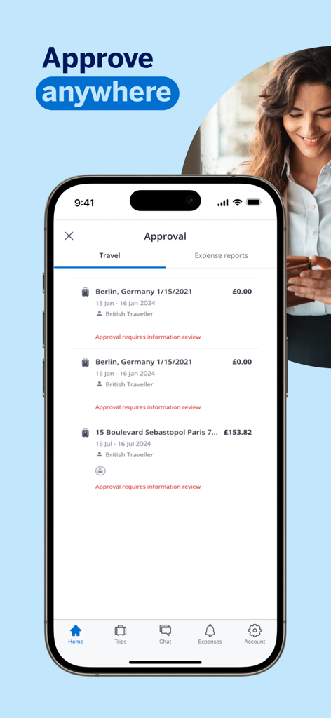 Amex GBT Mobile app interface showing travel and expense approval list on a smartphone